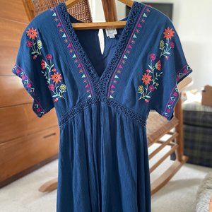Blue, Embroidered, deep v-neck dress, size M